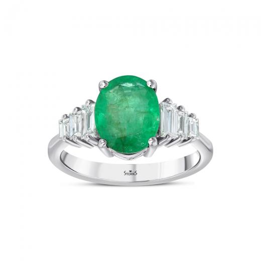 2,67 ct. Diamant-Baguette-Ring mit natürlichem Smaragd